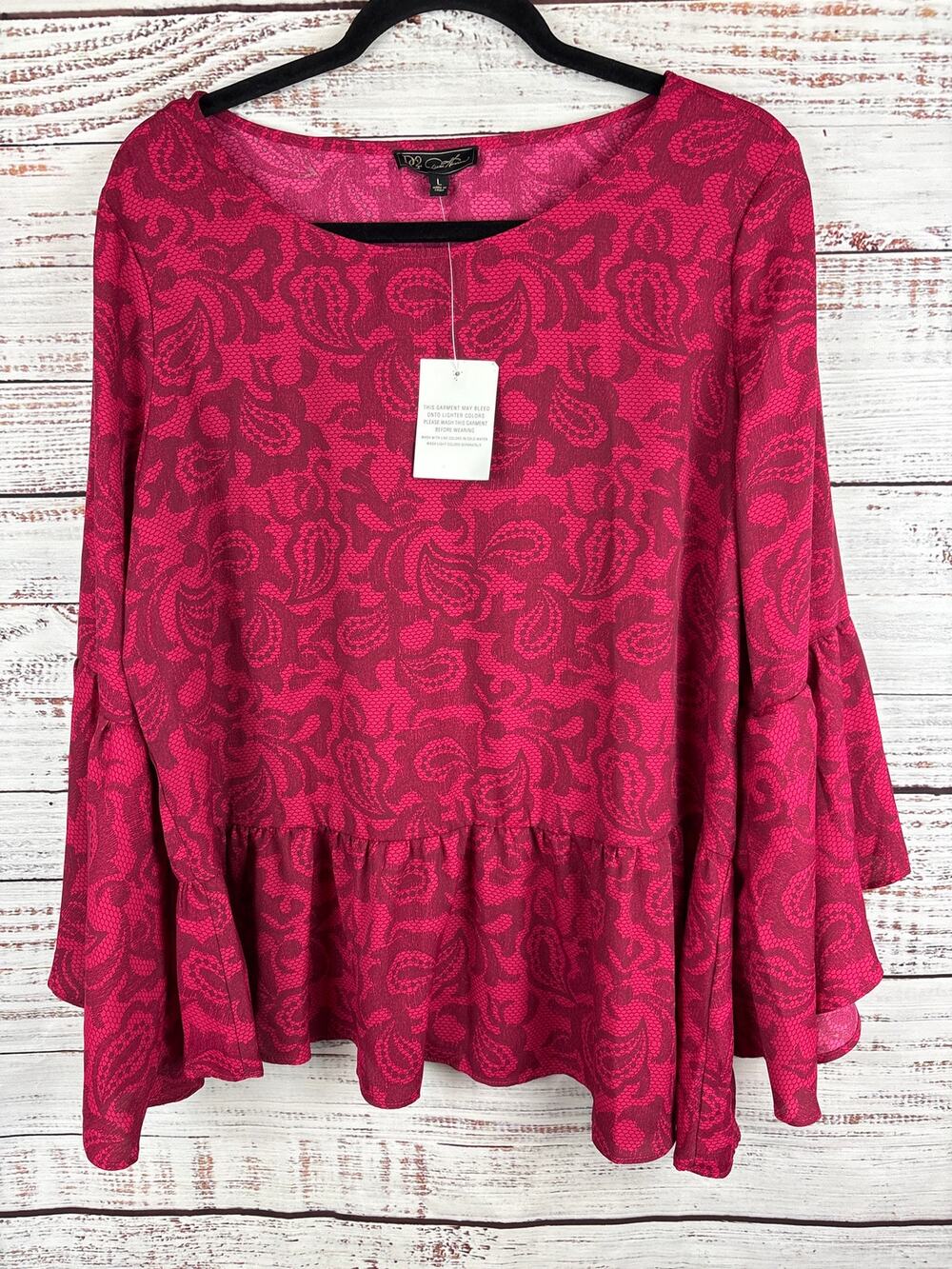 Diane Gilman DG2 Red Paisley Flowy Peplum Flutter Sleeve Top Career NEW Womens L
